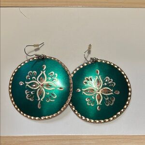 Hammered Metal Teal and Gold Round Earrings